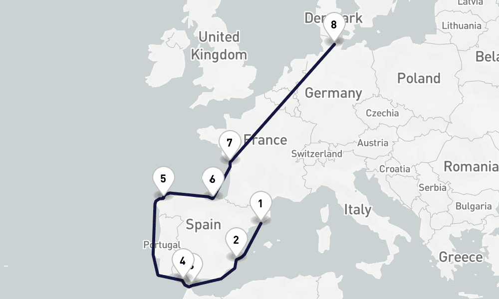 10 days, one-way from Barcelona to Kiel 11日間