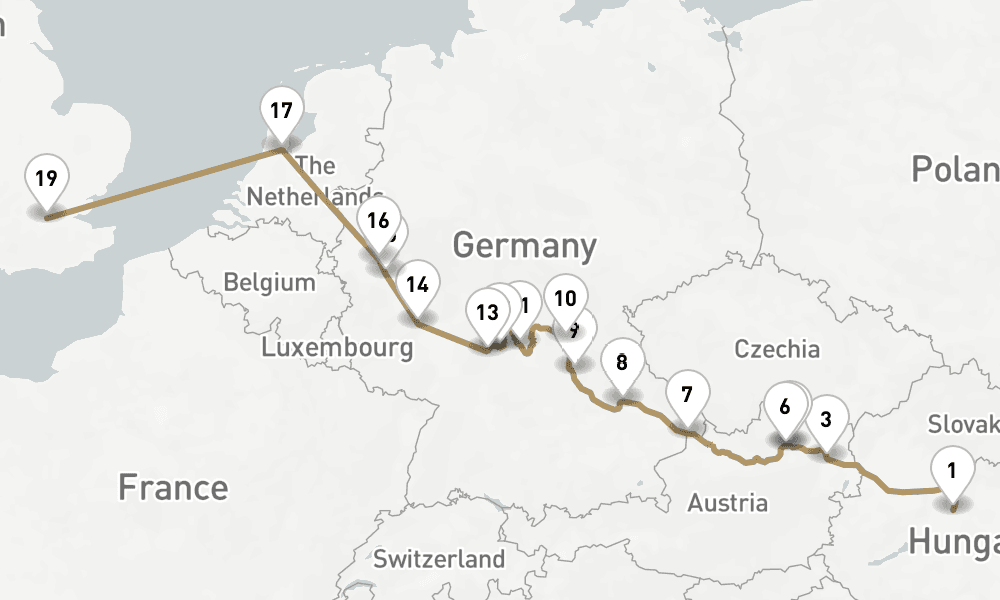 17 days, one-way from Budapest to London-Greenwich 18日間