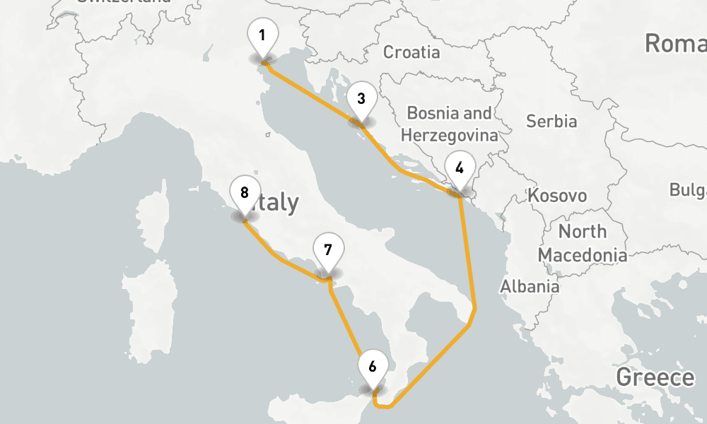 8 days, one-way from Venice to Civitavecchia-Rome 9日間