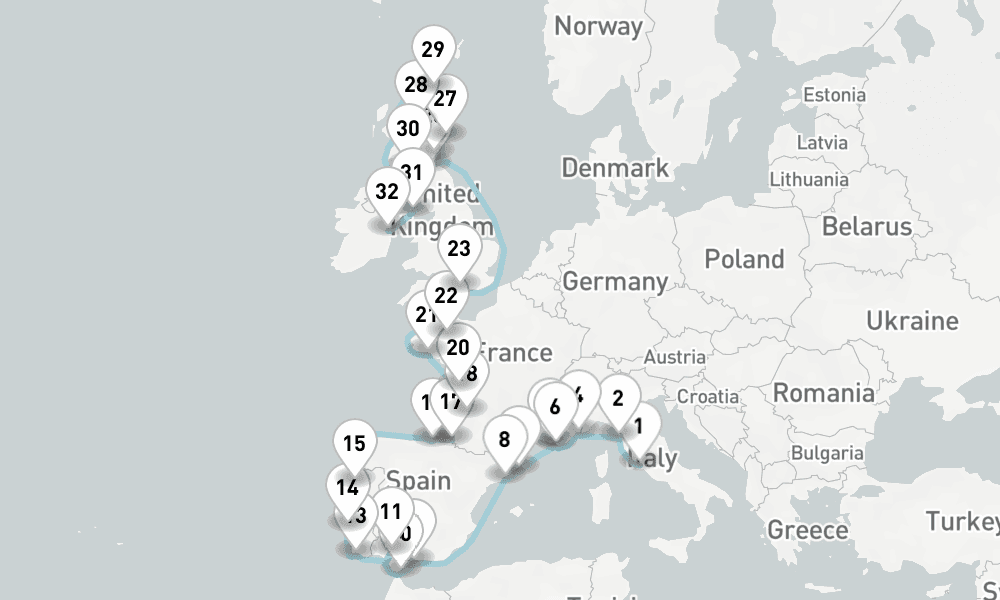 35 days, one-way from Civitavecchia-Rome to Dublin 36日間