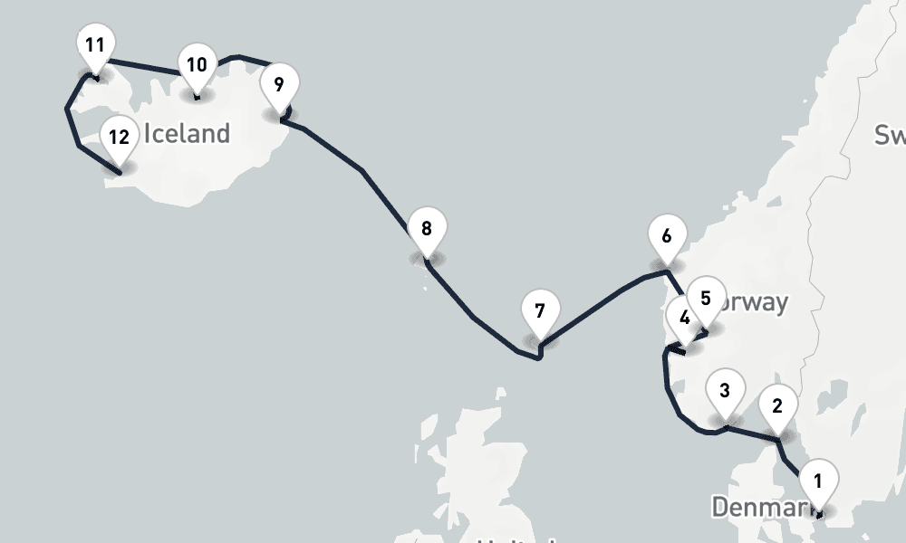 12 days, one-way from Copenhagen to Reykjavik 13日間