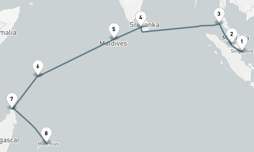 17 days, one-way from Singapore to Port Louis 18日間