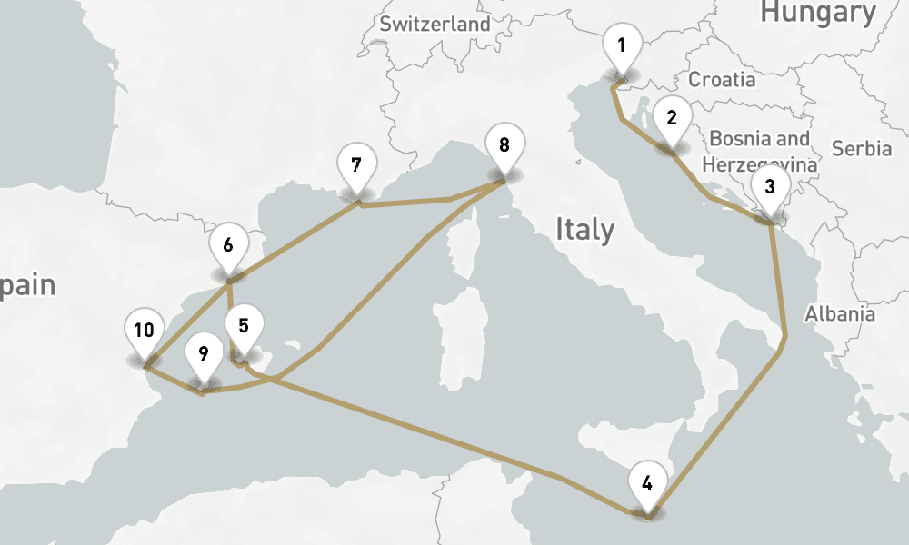 14 days, one-way from Trieste to Barcelona 15日間