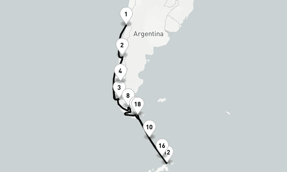 20 days, one-way from Valparaiso-Santiago to Puerto Williams 21日間