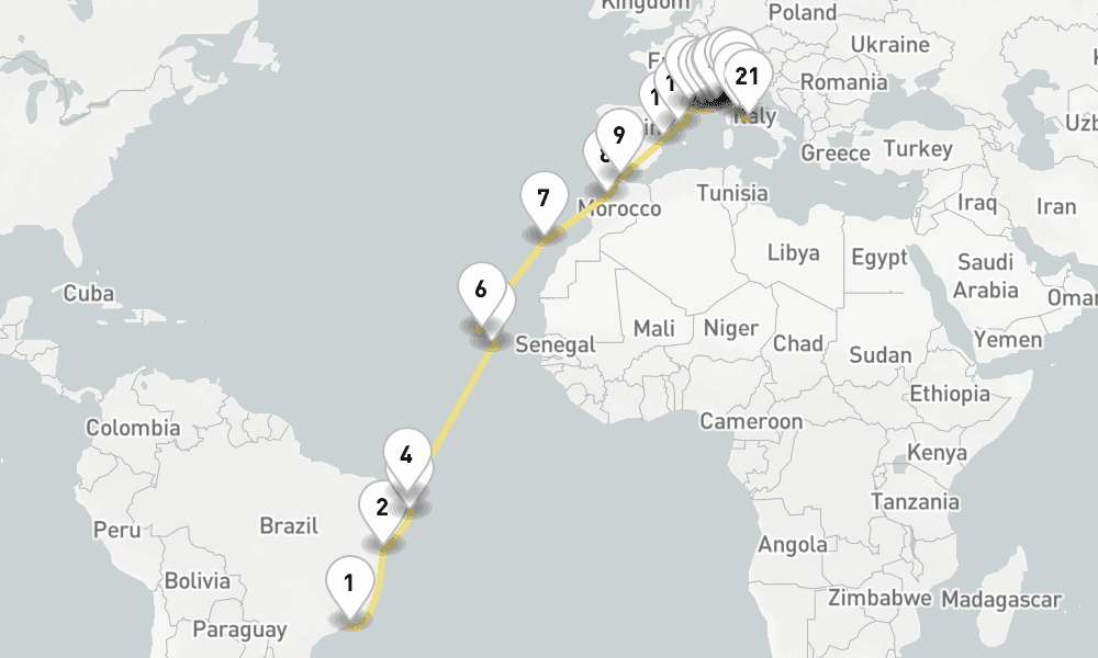 31 days, one-way from Rio de Janeiro to Civitavecchia-Rome 32日間