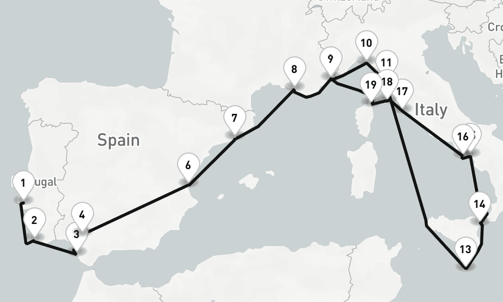 21 days, one-way from Lisbon to Villefranche-sur-Mer 22日間