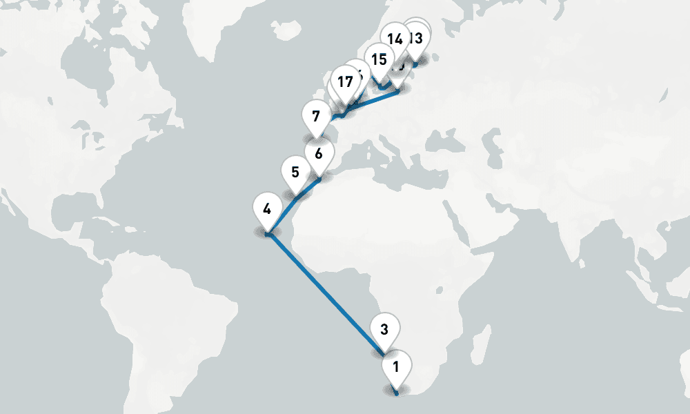 33 days, one-way from Cape Town to Dover 34日間