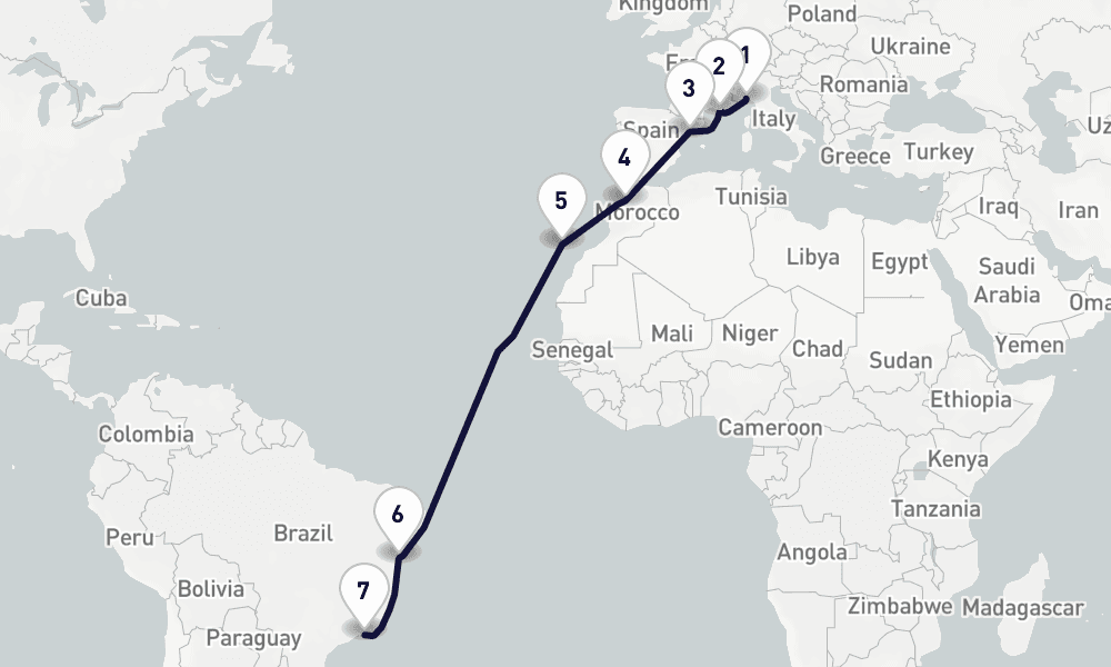 15 days, one-way from Genoa to Rio de Janeiro 16日間