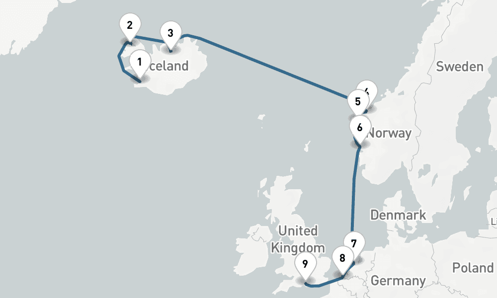 11 days, one-way from Reykjavik to Southampton 12日間