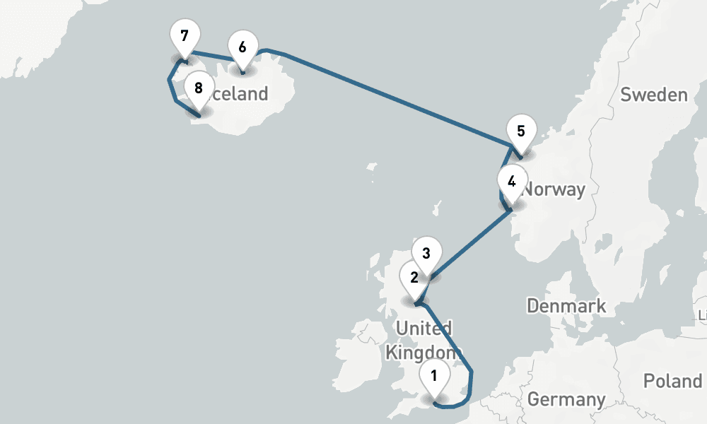 11 days, one-way from Southampton to Reykjavik 12日間
