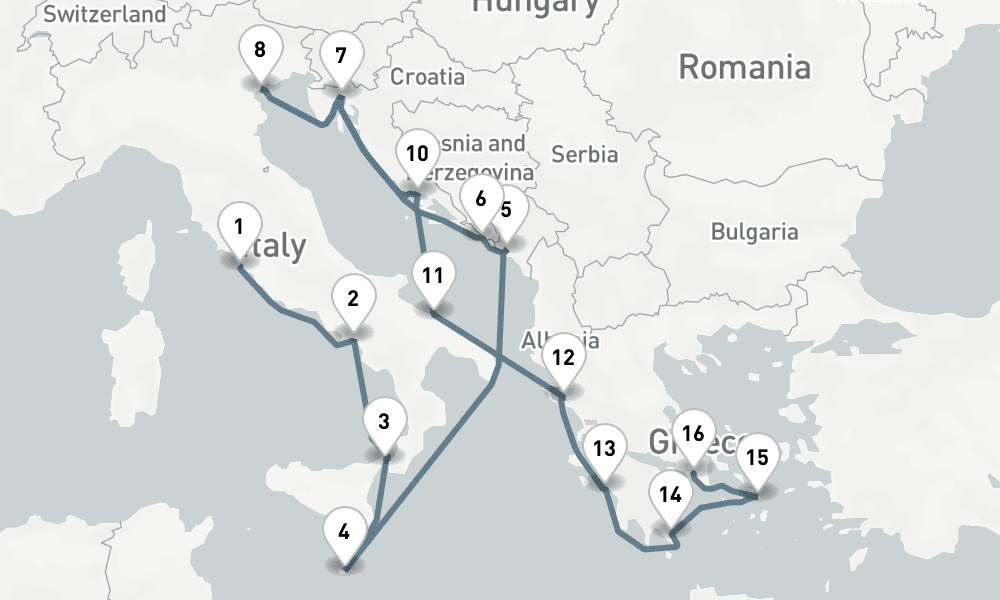 18 days, one-way from Civitavecchia-Rome to Piraeus-Athens 19日間