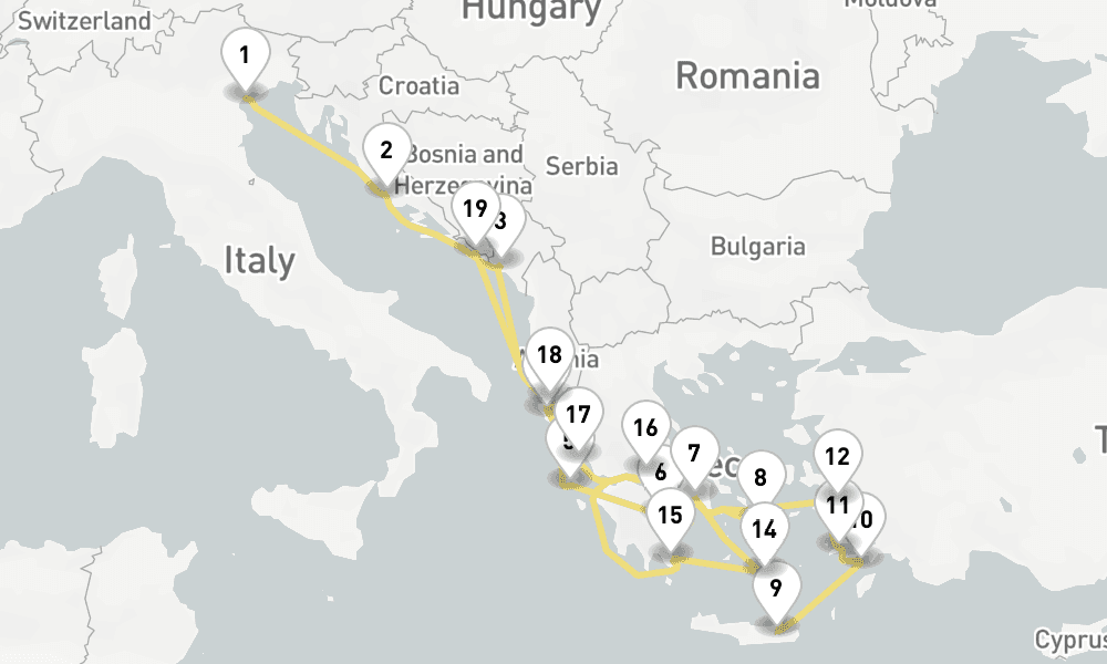 21 days, one-way from Venice to Dubrovnik 22日間
