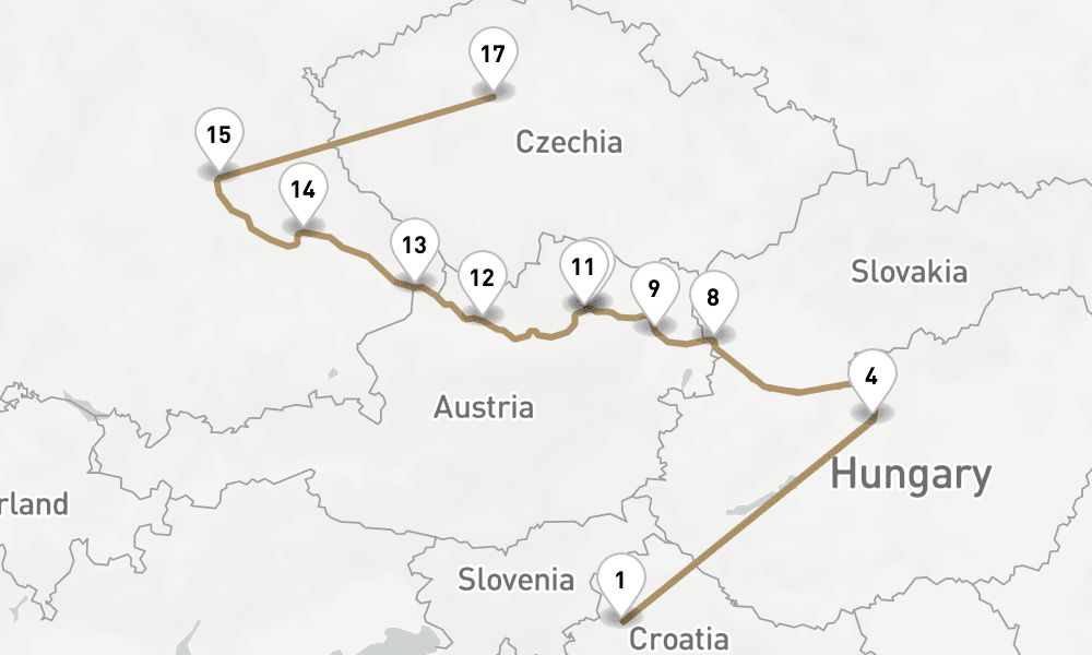 16 nights / 17 days, one-way from Zagreb to Prague (Czech Republic)