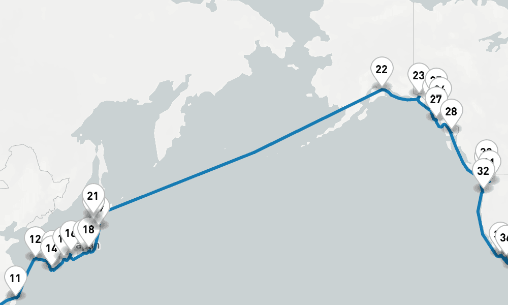 55 days, one-way from Singapore to Los Angeles 56日間