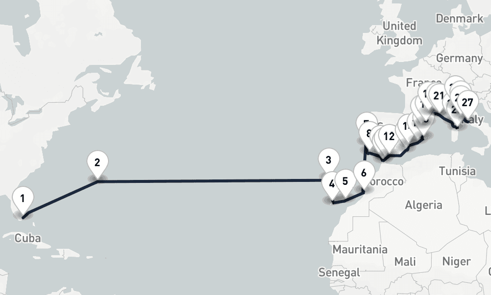 35 days, one-way from Miami to Civitavecchia-Rome 36日間