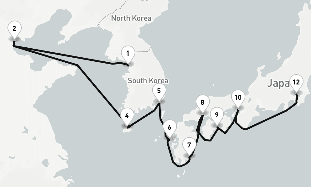 14 days, one-way from Incheon to Tokyo 15日間