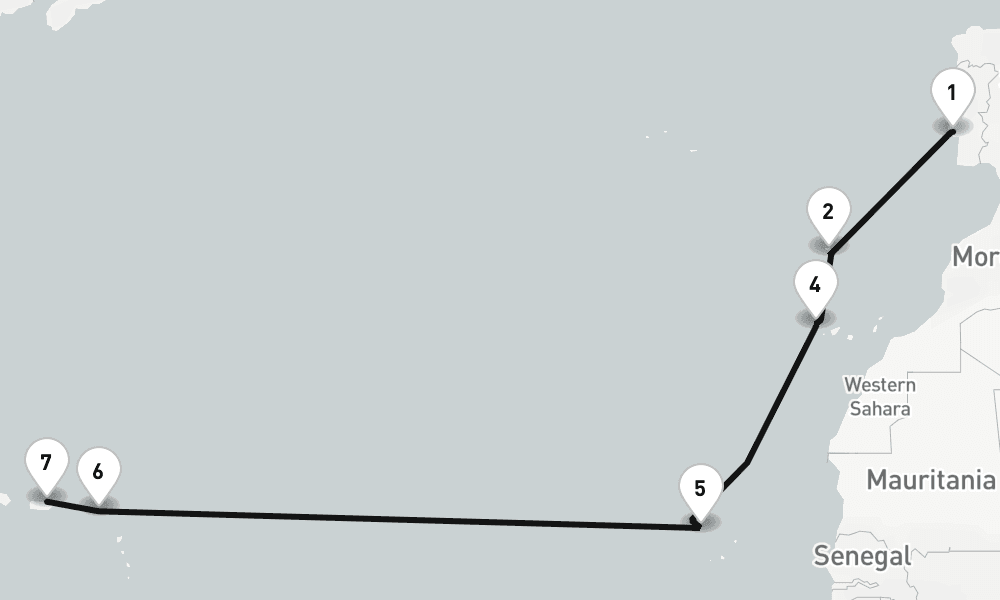 14 days, one-way from Lisbon to San Juan 15日間