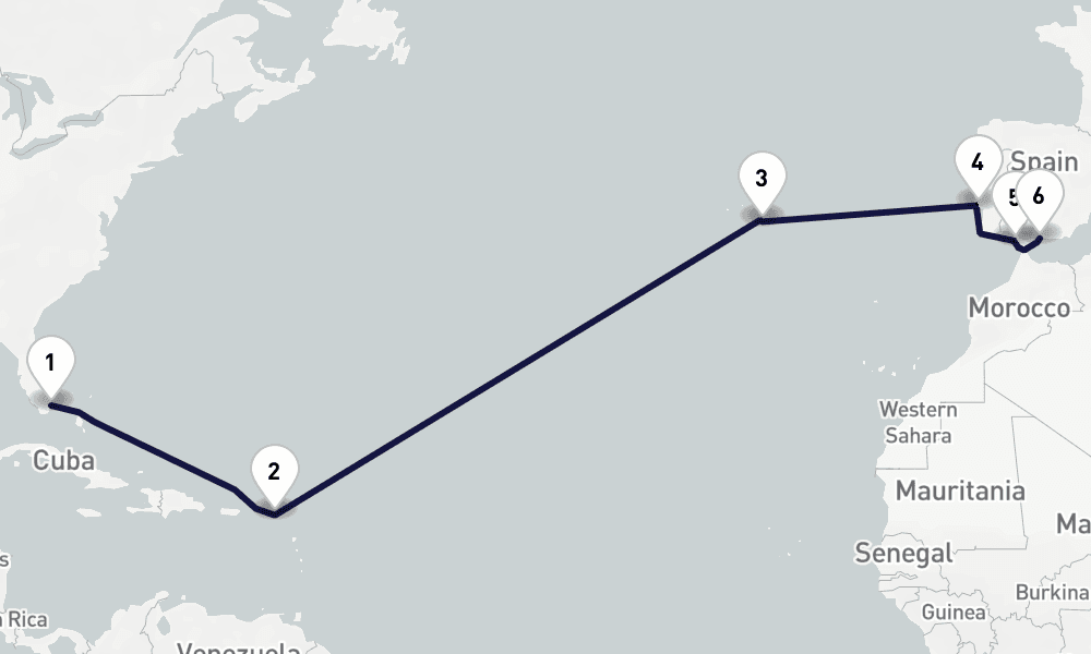 14 days, one-way from Miami to Malaga 15日間