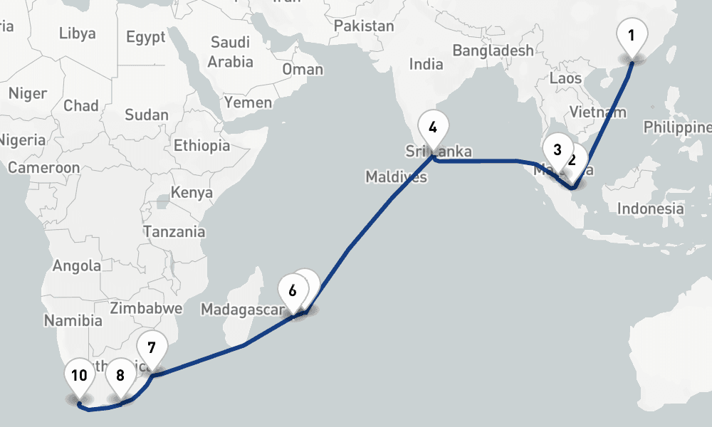 27 days, one-way from Hong Kong to Cape Town 28日間