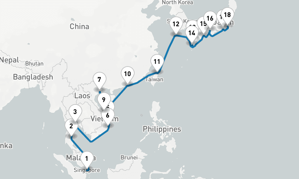 25 days, one-way from Singapore to Yokohama 26日間