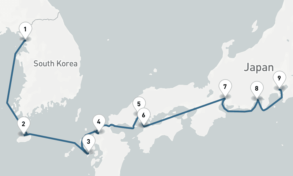 9 days, one-way from Incheon to Yokohama 10日間