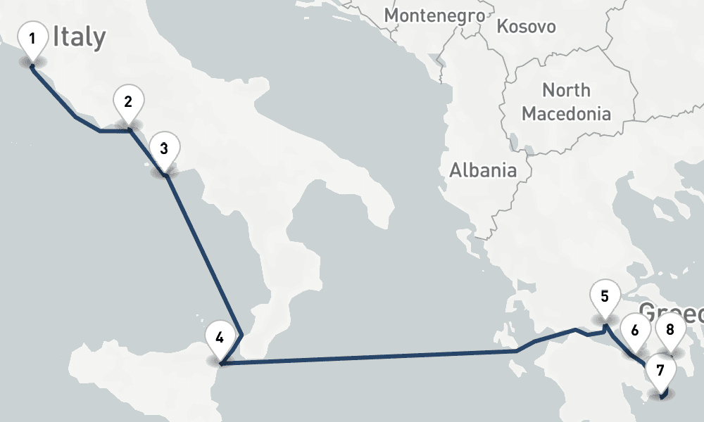 7 days, one-way from Civitavecchia-Rome to Piraeus-Athens 8日間