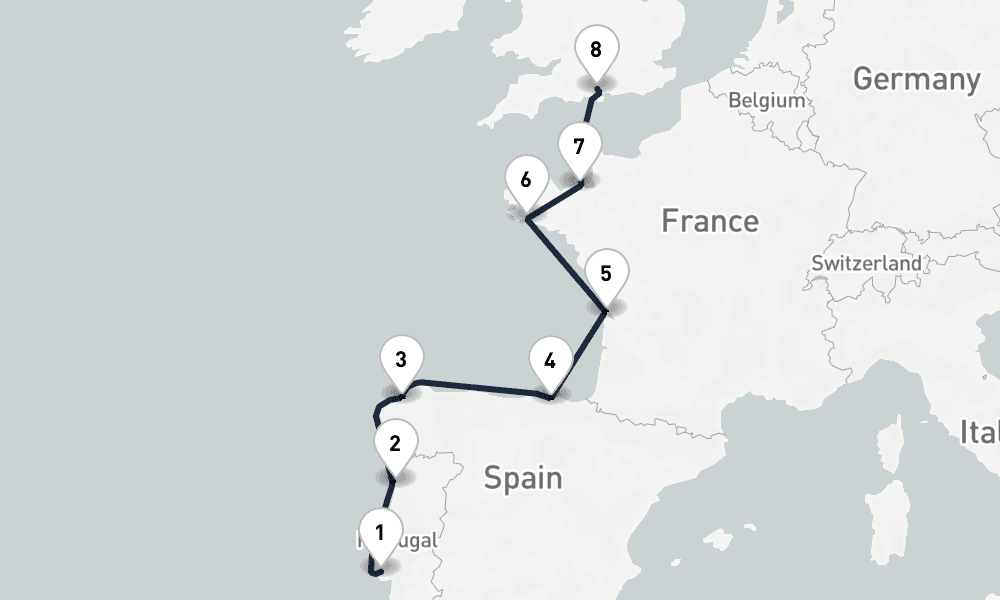 7 days, one-way from Lisbon to Southampton 8日間