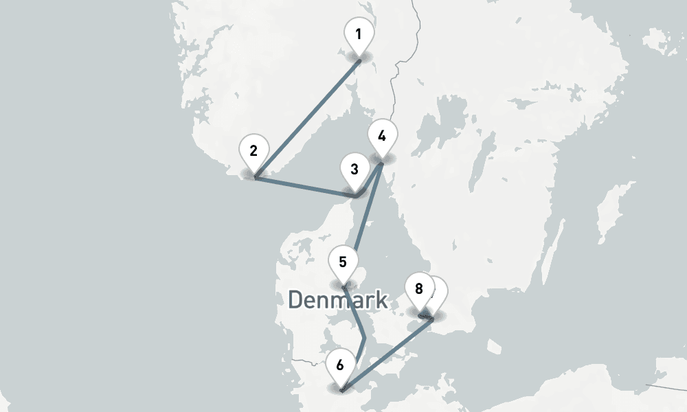 7 days, one-way from Oslo to Copenhagen 8日間