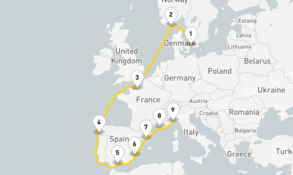11 days, one-way from Copenhagen to Savona 12日間