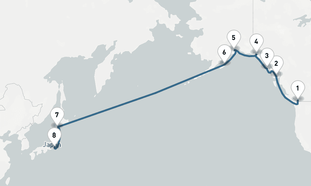 16 days, one-way from Vancouver to Yokohama 17日間