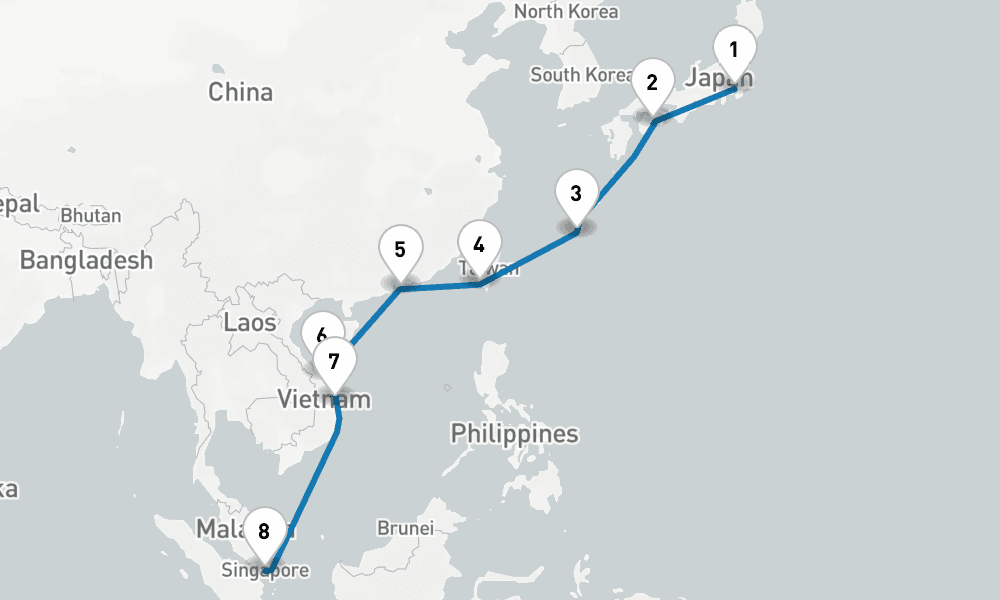 14 days, one-way from Tokyo to Singapore 15日間
