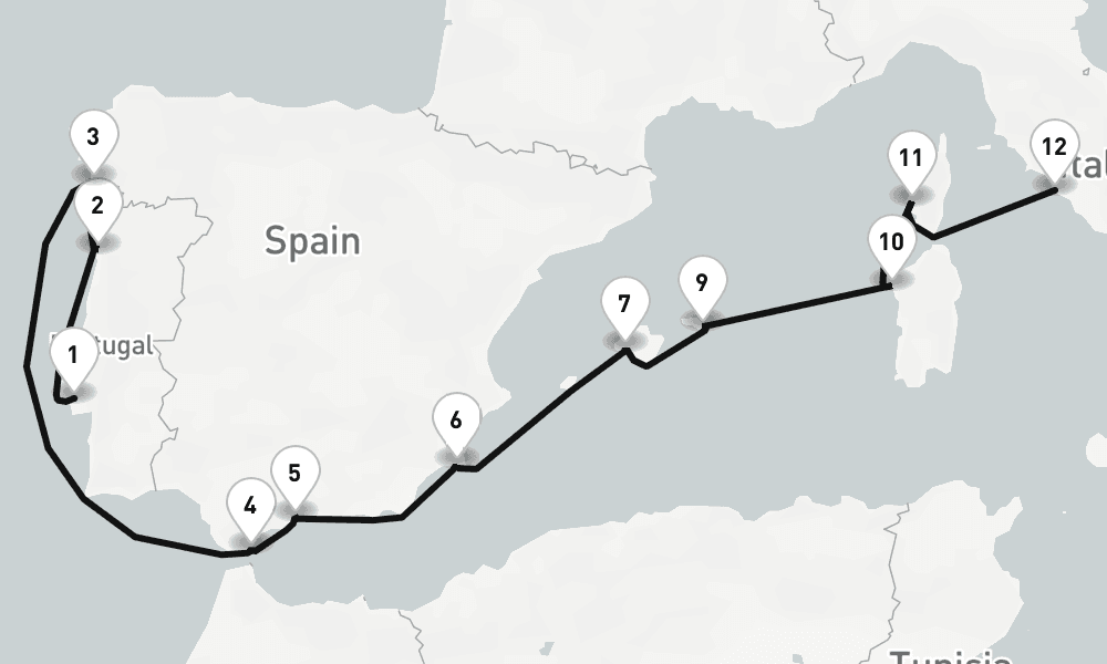 12 days, one-way from Lisbon to Civitavecchia-Rome 13日間