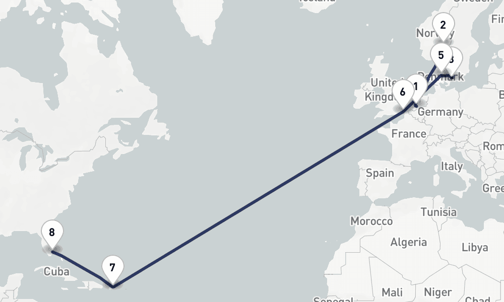 19 days, one-way from Rotterdam to Fort Lauderdale 20日間