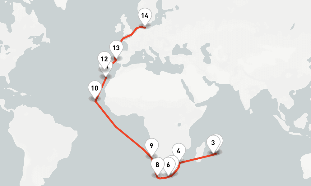 33 days, one-way from Port Louis to Hamburg 34日間