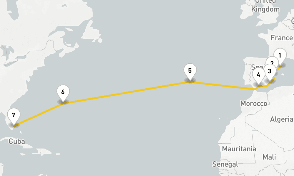 14 days, one-way from Barcelona to Fort Lauderdale 15日間