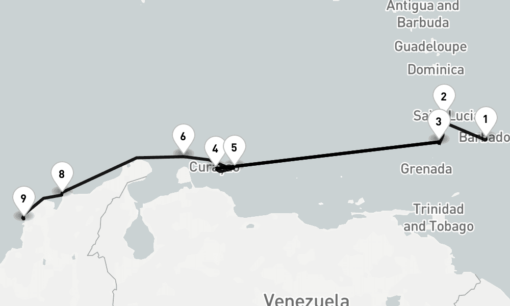 9 nights / 10 days, one-way from Bridgetown (Barbados) to Cartagena (Colombia)