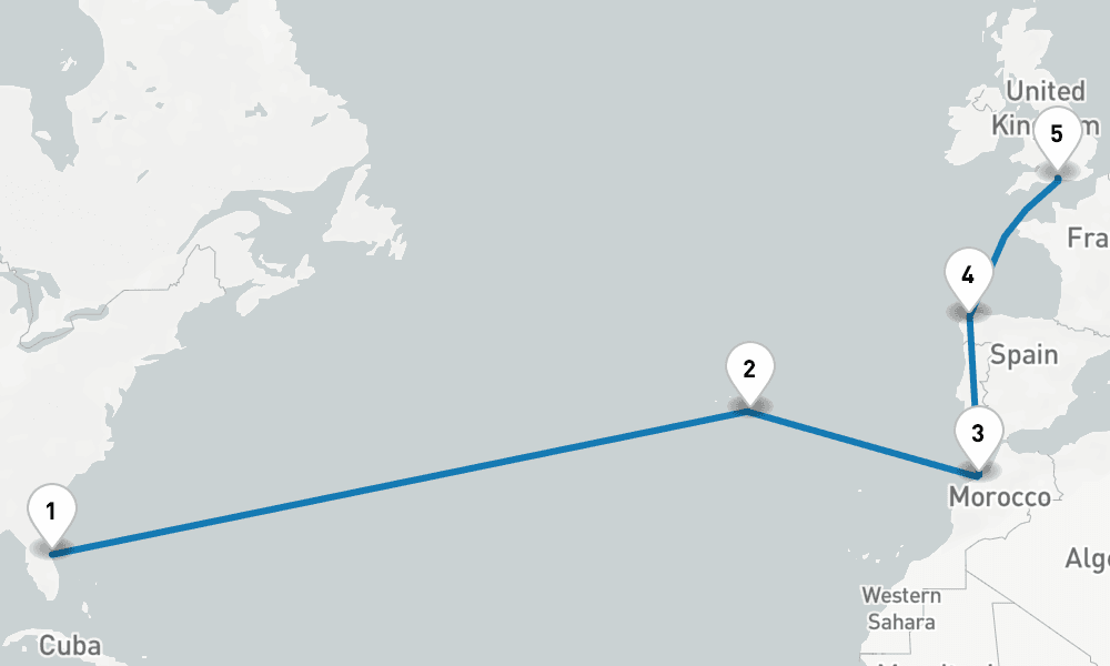 15 days, one-way from Port Canaveral to Southampton 16日間