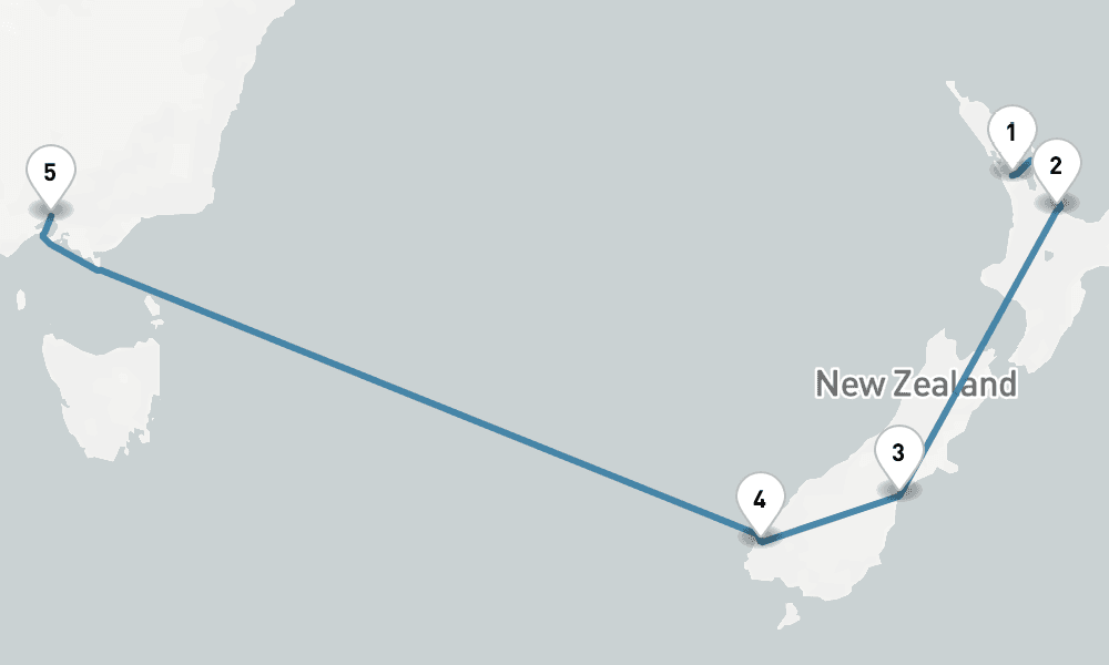 8 days, one-way from Auckland to Melbourne 9日間