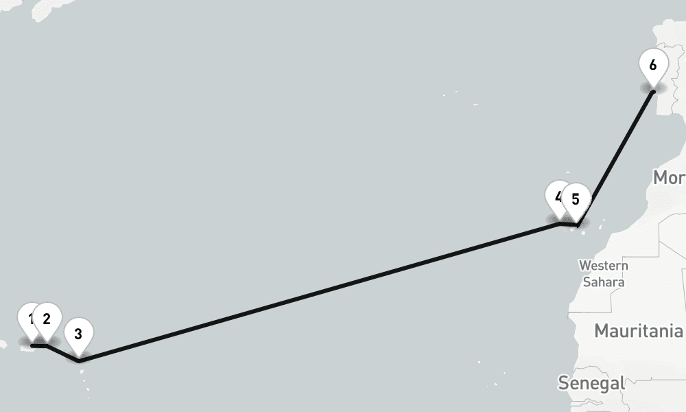 14 days, one-way from San Juan to Lisbon 15日間