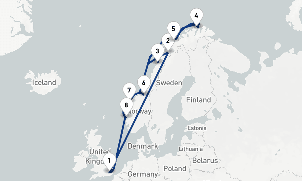 15 days, round-trip Chasing The Aurora In Arctic Norway 16日間