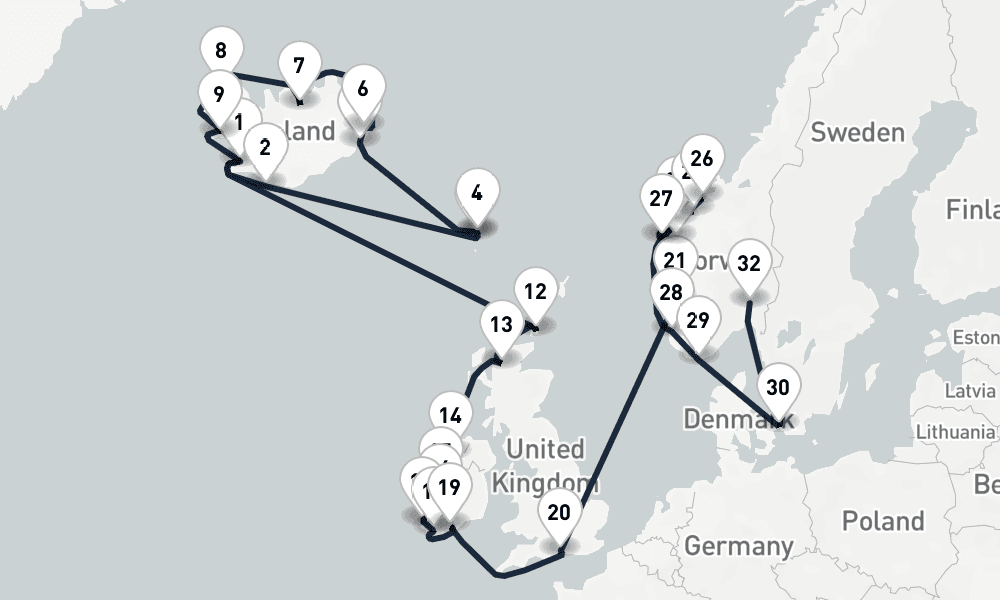 36 days, one-way from Reykjavik to Oslo 37日間