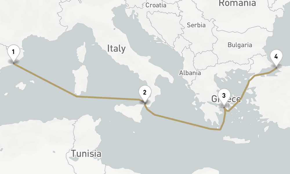 7 days, one-way from Barcelona to Istanbul 8日間
