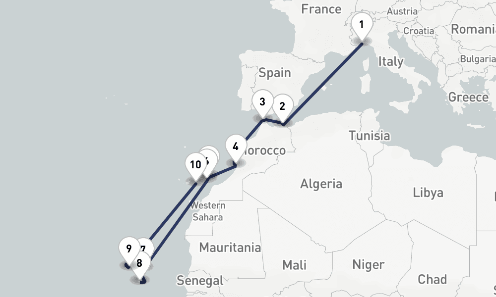 16 days, one-way from Savona to Las Palmas de Gran Canaria 17日間
