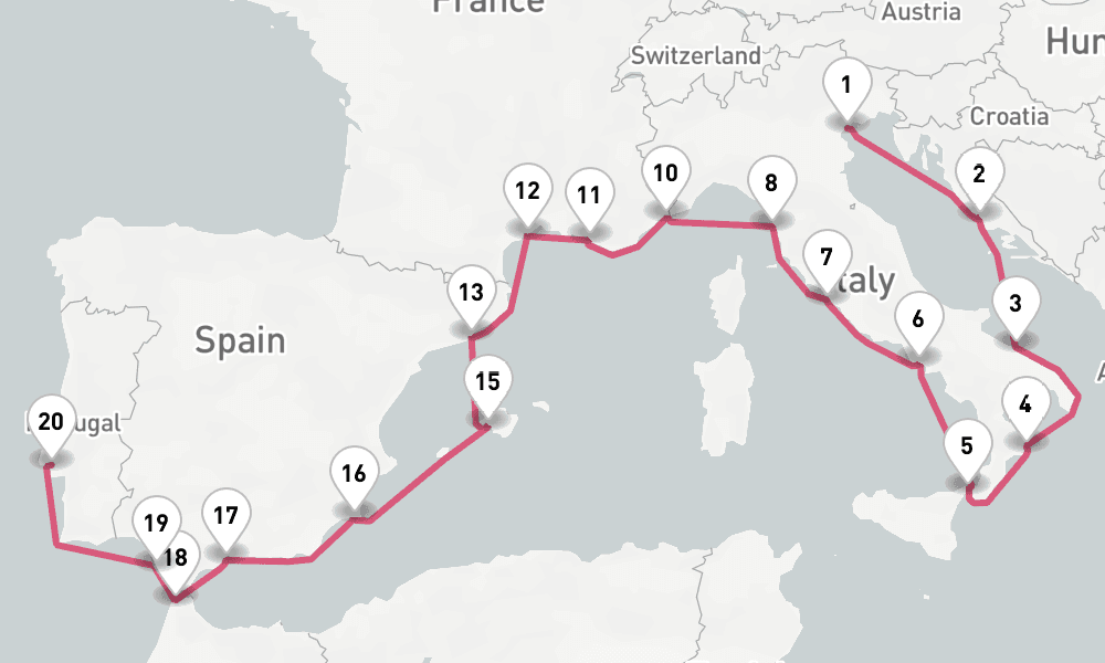 21 nights / 22 days, one-way from Venice to Lisbon