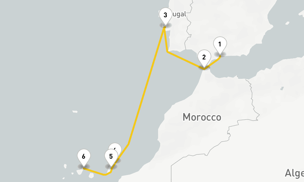 7 days, one-way from Malaga to Santa Cruz de Tenerife 8日間