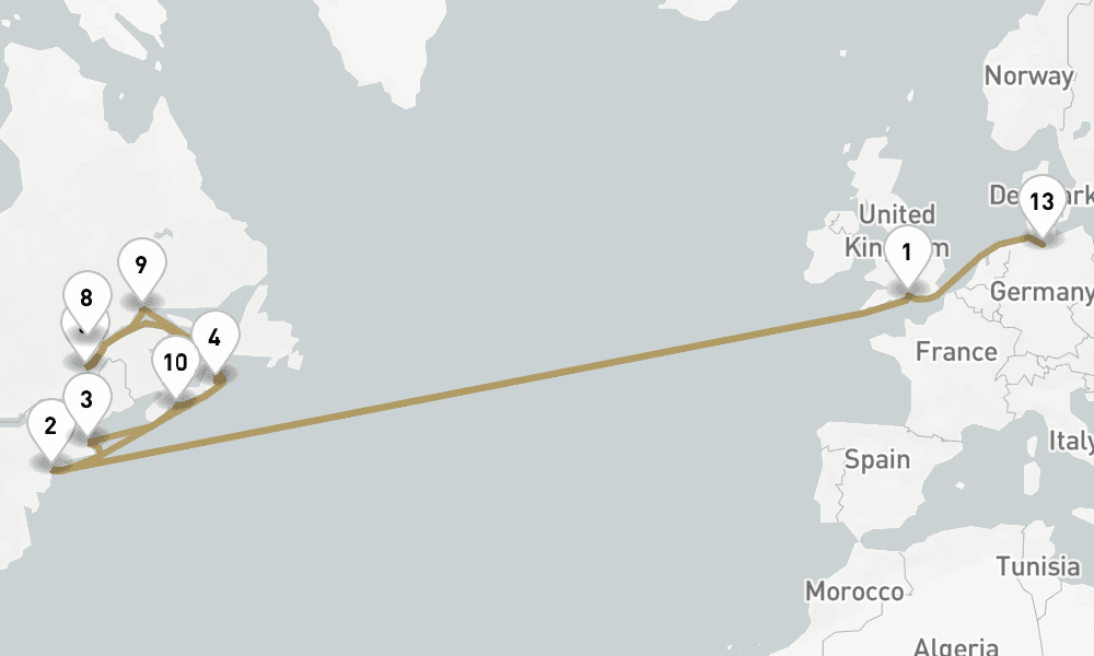 31 days, one-way from Southampton to Hamburg 32日間