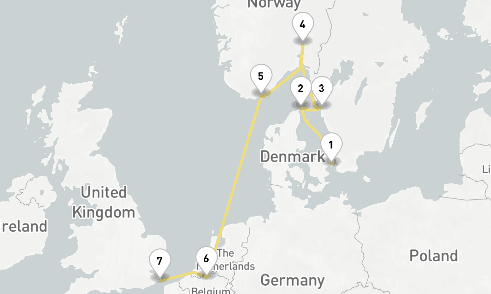 7 days, one-way from Copenhagen to Dover 8日間