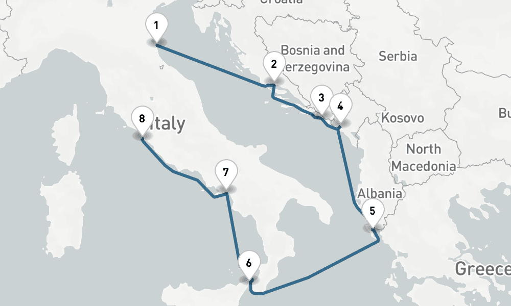 7 days, one-way from Ravenna to Civitavecchia-Rome 8日間