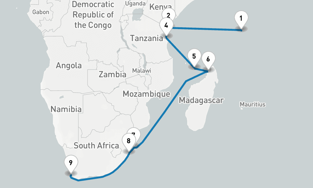 17 days, one-way from Mahe Island Seychelles to Cape Town 18日間