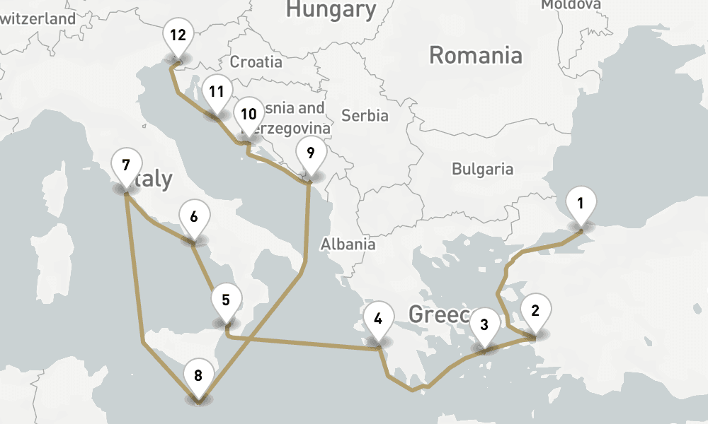 14 days, one-way from Istanbul to Trieste 15日間